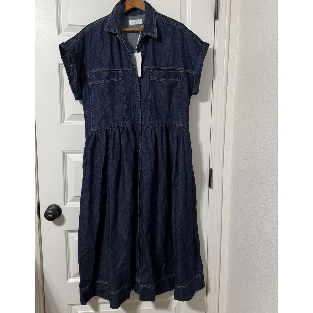 Maye Denim Midi Shirt Dress Blue Short Sleeve Button Front Pockets Medium NWT
